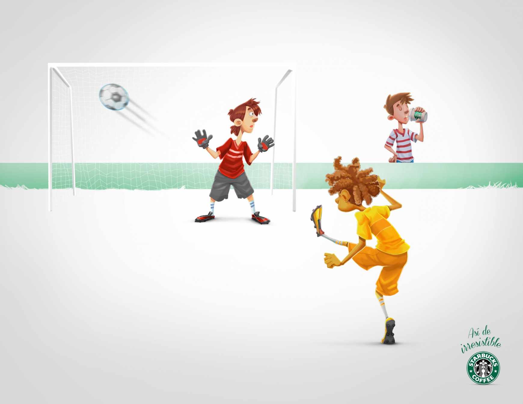 星巴克漫畫平面廣告創(chuàng)意設計-上海廣告設計公司廣告分享-踢球篇