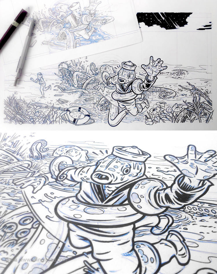 Bron 兄弟啤酒易拉潛水罐插畫包裝插畫設(shè)計-鉛筆素描原始草圖6