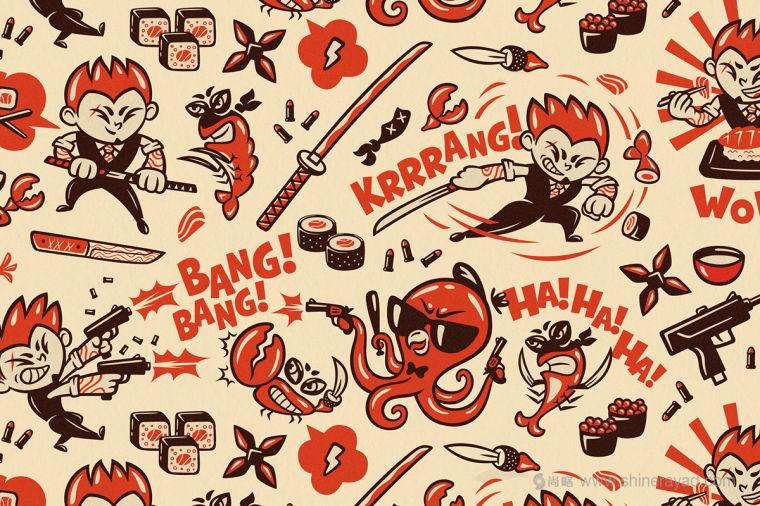 Mama Mafia 漢堡與日式料理外賣快餐餐廳品牌VI視覺形象設(shè)計-輔助圖形設(shè)計插畫設(shè)計2