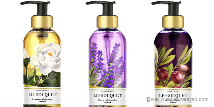 上?；瘖y品包裝設計公司欣賞：全彩印花朵插畫 Le Bouquet 品牌沐浴露包裝設計