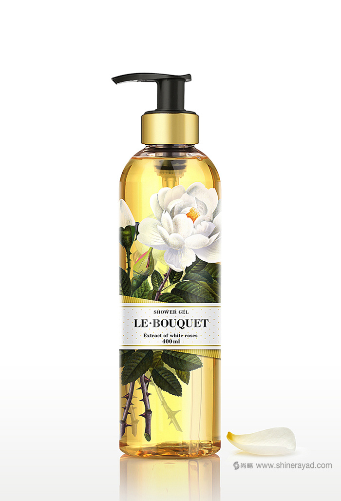 上?；瘖y品包裝設計公司欣賞：全彩印花朵插畫 Le Bouquet 品牌沐浴露包裝設計
