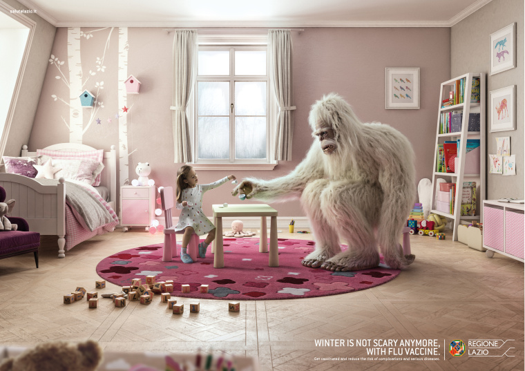 接種流感疫苗平面宣傳廣告創(chuàng)意欣賞“冬天的野人——雪人”篇