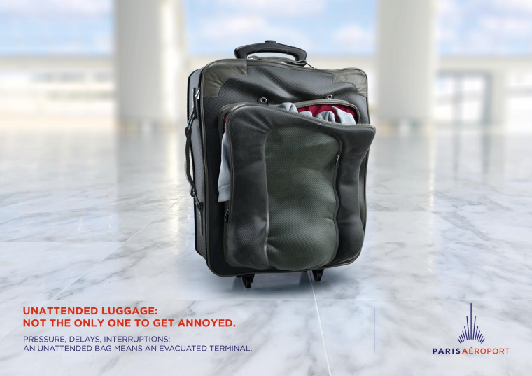 法國巴黎機(jī)場(chǎng)設(shè)計(jì)的平面創(chuàng)意廣告“憤怒的包”,提醒人們注意看管物品 法國巴黎機(jī)場(chǎng)設(shè)計(jì)的平面創(chuàng)意廣告“憤怒的包”,提醒人們注意看管物品
