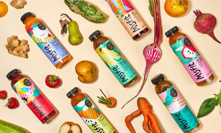 misfit 混合蔬菜水果果汁包裝設計，色彩明亮的自由涂鴉藝術氣質