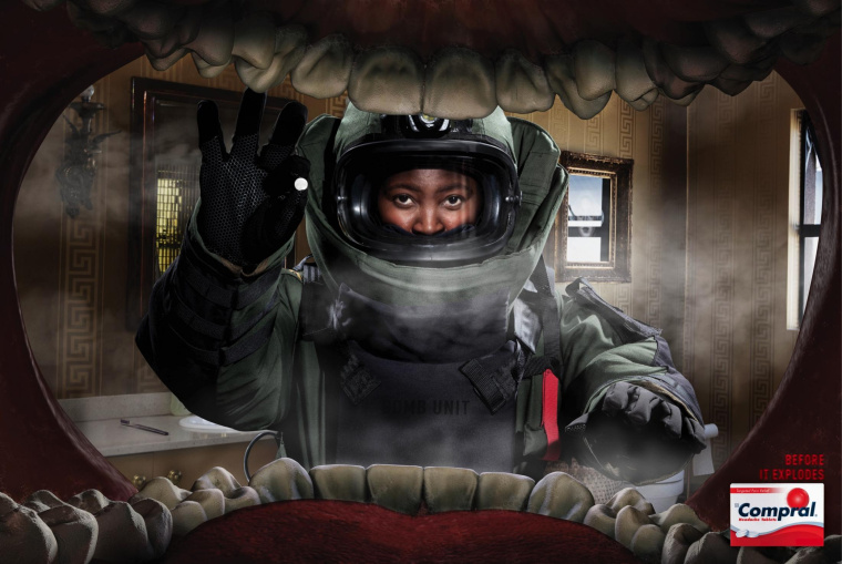 Compral 頭疼藥平面廣告創(chuàng)意設(shè)計(jì)“大嘴吃藥篇爆炸性頭痛”-上海藥品平面廣告策劃設(shè)計(jì)公司