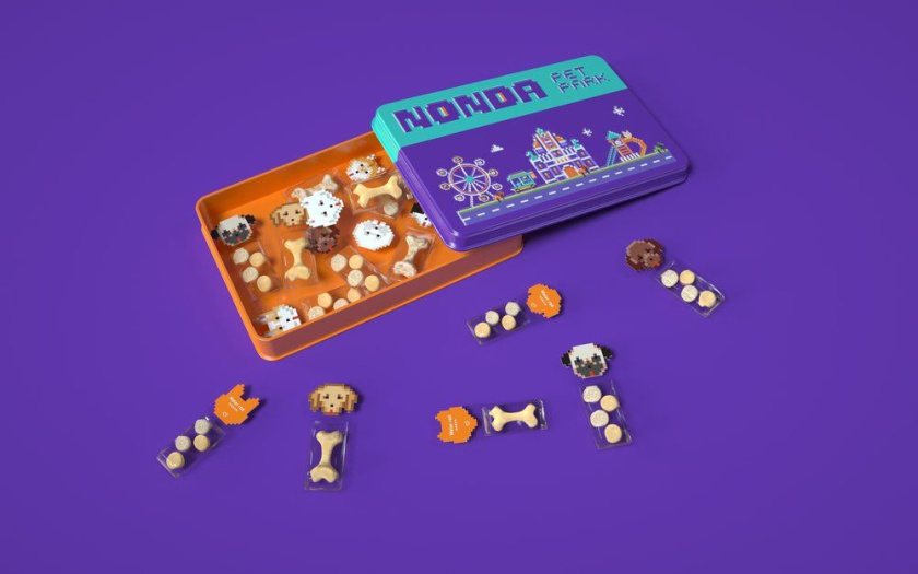 Nonda寵物店商品品牌包裝設計，馬賽克寵物插畫風格