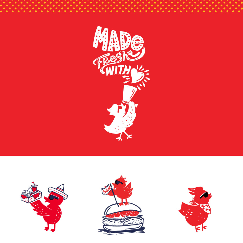 老板牌雞肉炸雞漢堡快餐品牌形象設(shè)計與外賣產(chǎn)品包裝設(shè)計“詼諧和時髦的插畫”