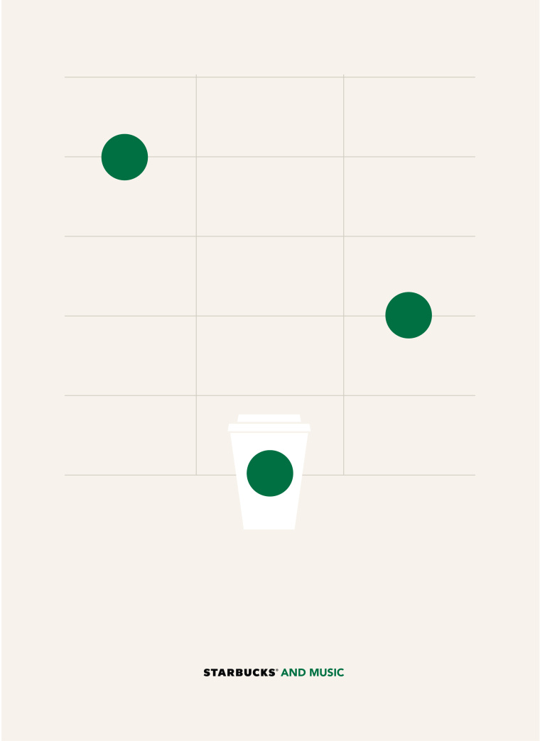 巴西Rai廣告公司為星巴克創(chuàng)作的“圖標(biāo)”篇平面創(chuàng)意廣告-星巴克和音樂(lè)