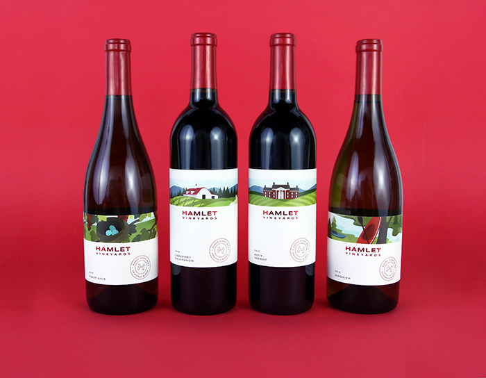 哈姆雷特葡萄酒品牌包裝設(shè)計，葡萄園自定義風(fēng)景插畫與手工刻字的結(jié)合