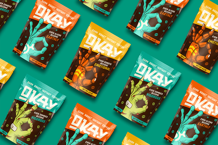 OKAY咖啡神秘生物的手插圖包裝設(shè)計(jì)，一切都會(huì)好起來(lái)的