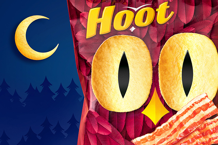 Hoot薯片貓頭鷹形象包裝設(shè)計(jì)，一雙貓頭鷹的大眼睛極具趣味性和情感性
