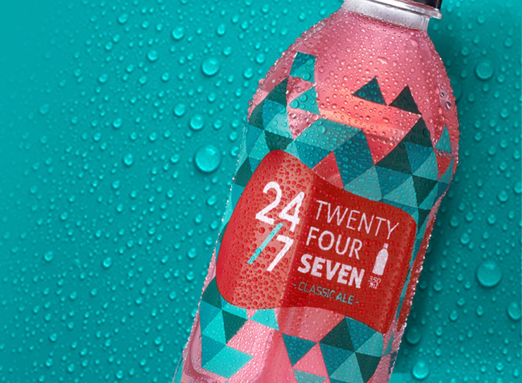 24/7品牌草本植物飲料包裝設(shè)計，五顏六色的幾何三角色塊風(fēng)格包裝設(shè)計