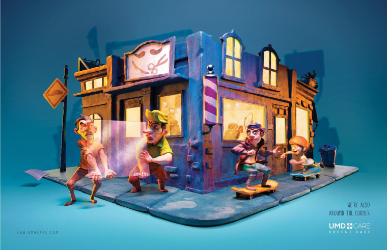  UMD緊急醫(yī)療護(hù)理平面廣告創(chuàng)意設(shè)計(jì)“相遇拐角處”卡通風(fēng)格插畫設(shè)計(jì)