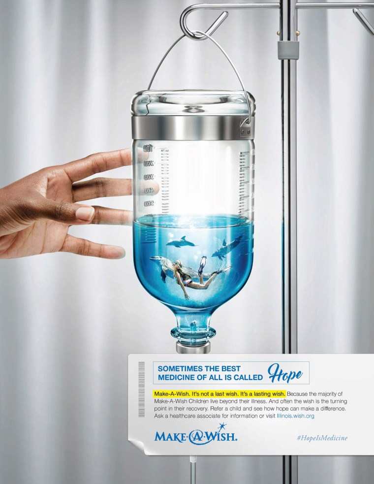 Make-A-Wish 基金會(huì)公益平面創(chuàng)意廣告設(shè)計(jì)“有時(shí)候最好的醫(yī)藥是希望”-海豚