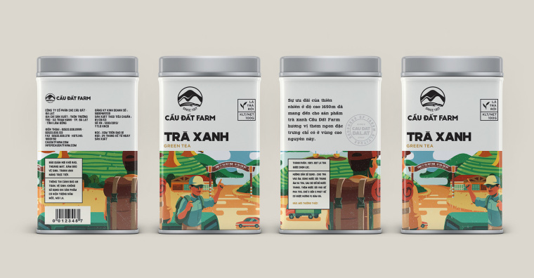 Cau Dat農(nóng)場插畫式包裝設(shè)計，采用環(huán)繞設(shè)計將全景感受融入其中