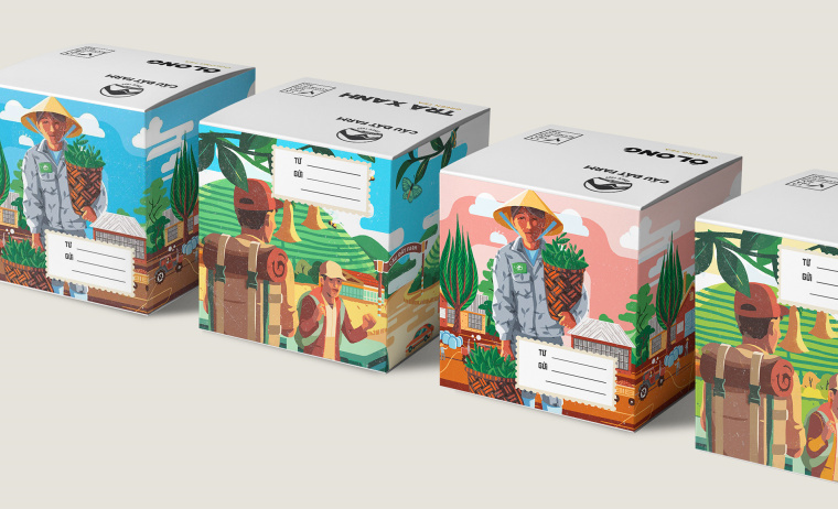 Cau Dat農(nóng)場插畫式包裝設(shè)計，采用環(huán)繞設(shè)計將全景感受融入其中