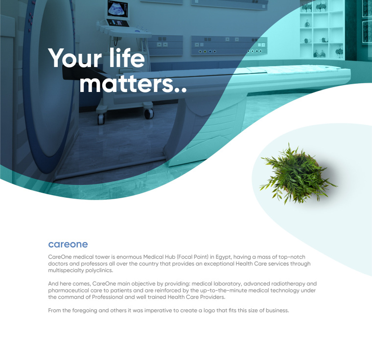 CareOne醫(yī)療機構品牌形象VI設計logo設計，藝術感醫(yī)生元素鑲嵌于旋轉字母C