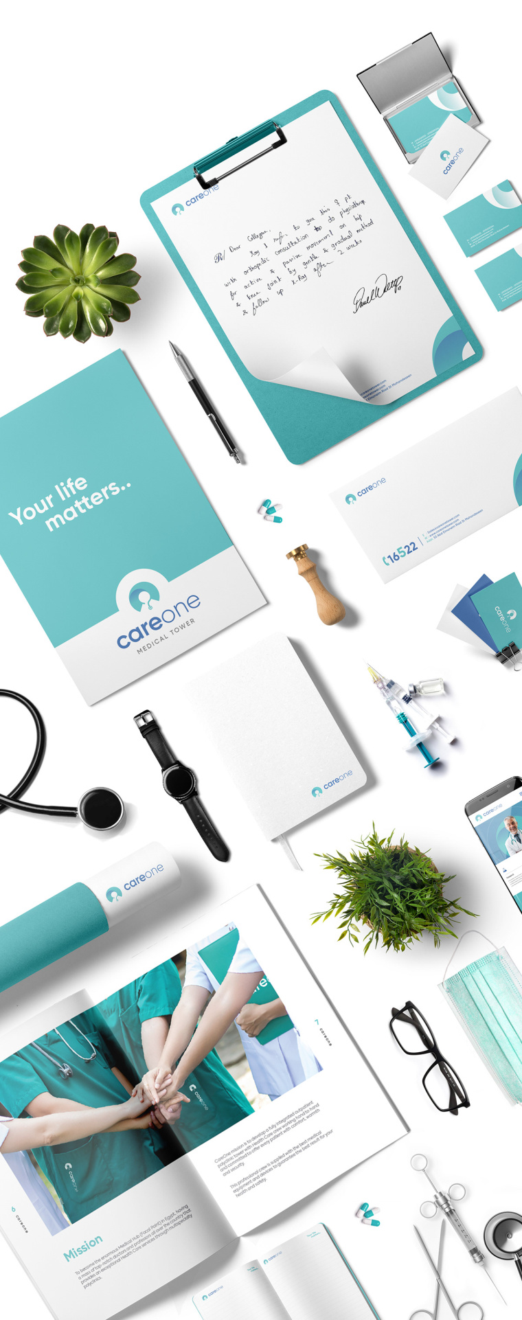 CareOne醫(yī)療機構品牌形象VI設計logo設計，藝術感醫(yī)生元素鑲嵌于旋轉字母C