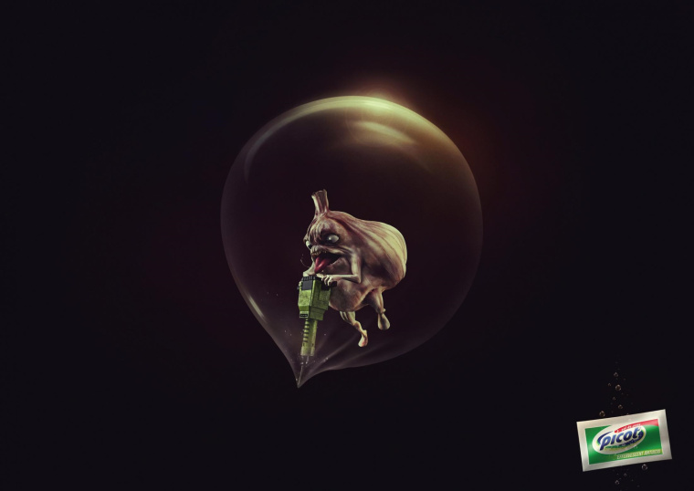 Picot泡騰抗酸劑藥品平面廣告創(chuàng)意設(shè)計，以夸張手法表現(xiàn)強(qiáng)大且持久-大蒜