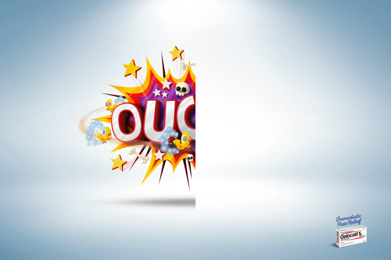 Gelocatil止痛藥平面廣告創(chuàng)意設計，以對比表現(xiàn)手法傳達止痛超過聲速的特點