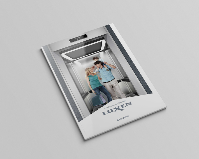 LUXEN電梯宣傳畫(huà)冊(cè)與產(chǎn)品樣本手冊(cè)設(shè)計(jì)，銀色工業(yè)科技風(fēng)與生活感