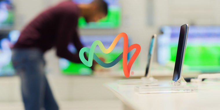 Mobu 手機(jī)及移動(dòng)配件零售連鎖店品牌logo設(shè)計(jì)，動(dòng)感的漸變色線條M字母logo