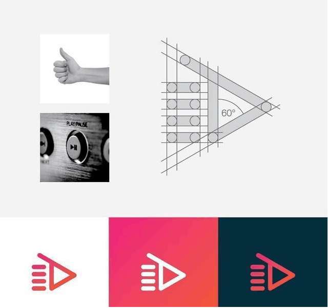 logo設(shè)計(jì)過程圖示揭示logo設(shè)計(jì)靈感-三角形手播放音樂logo設(shè)計(jì)
