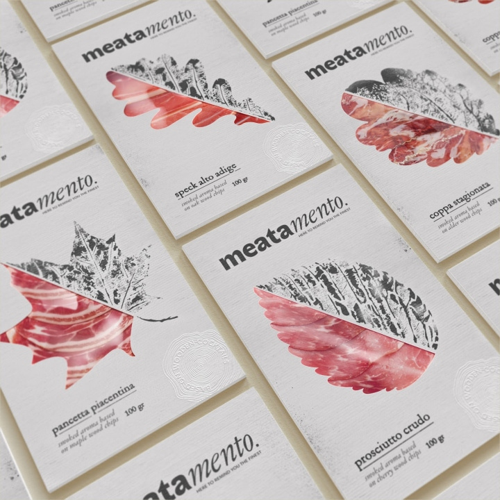Meatamento熏肉包裝設(shè)計(jì)，采用葉子造型的開(kāi)窗紙盒設(shè)計(jì)