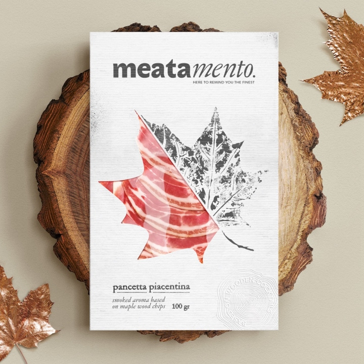 Meatamento熏肉包裝設(shè)計(jì)，采用葉子造型的開(kāi)窗紙盒設(shè)計(jì)