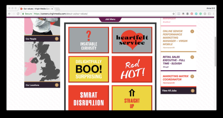 維珍傳媒的品牌價值是“提供真誠的服務，令人驚喜，火熱，直截了當，同時保持一種永不滿足的好奇心和創(chuàng)造智慧的顛覆性”