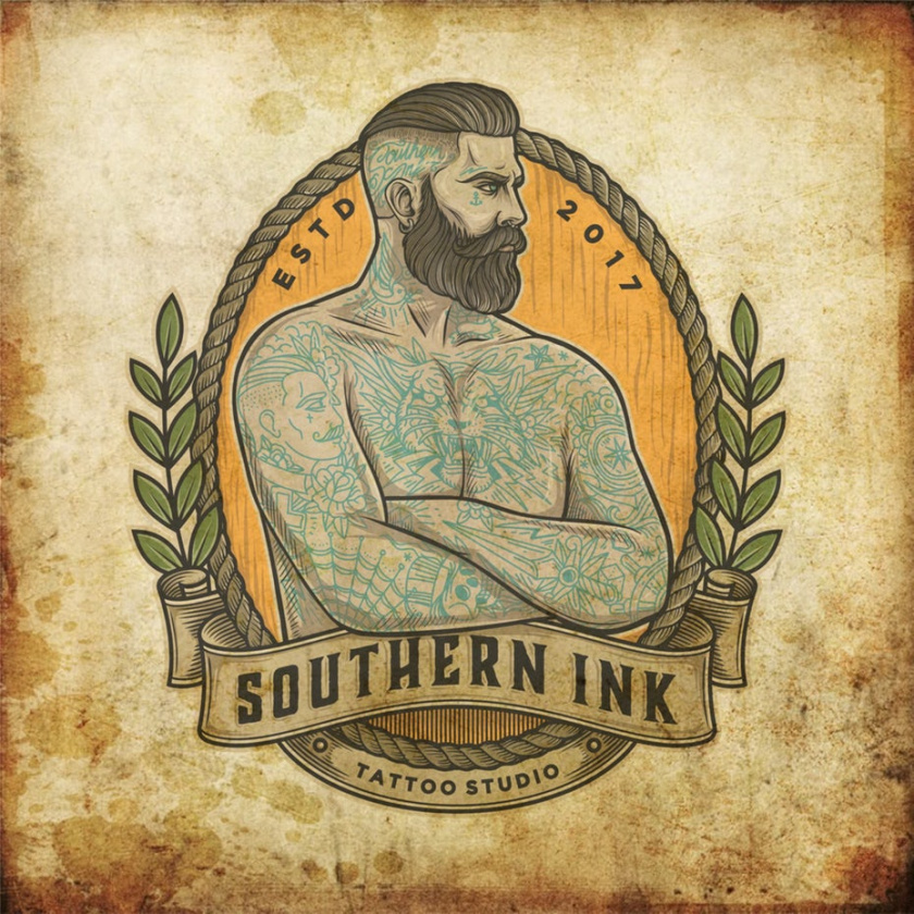 現(xiàn)代徽標(biāo)logo設(shè)計-紋身的男子雙臂交叉向右看徽標(biāo)logo