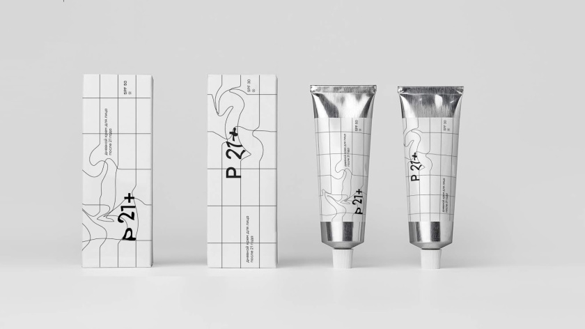P21+防曬化妝品包裝設(shè)計(jì)，扭曲的線條寓意被太陽(yáng)損傷的皮膚