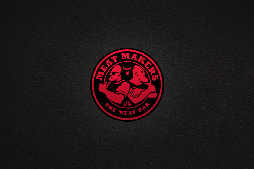 Meat Makers 肉食酒吧餐廳logo設(shè)計,兩個背靠背硬漢