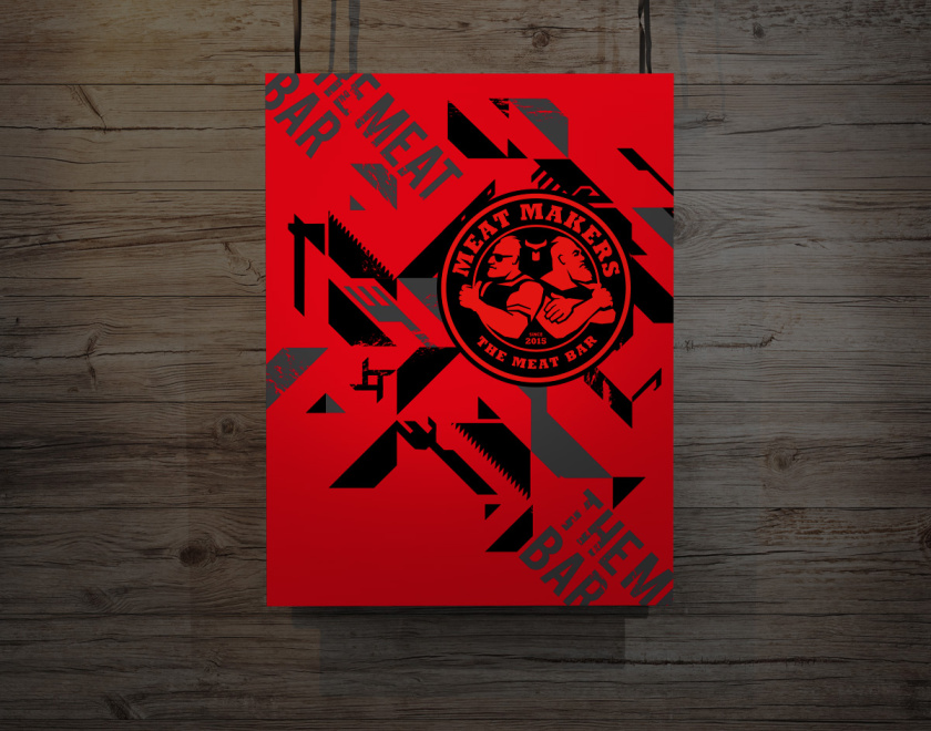 Meat Makers 肉食酒吧餐廳logo設(shè)計vi設(shè)計，兩個背靠背硬漢+小刀幾何元素