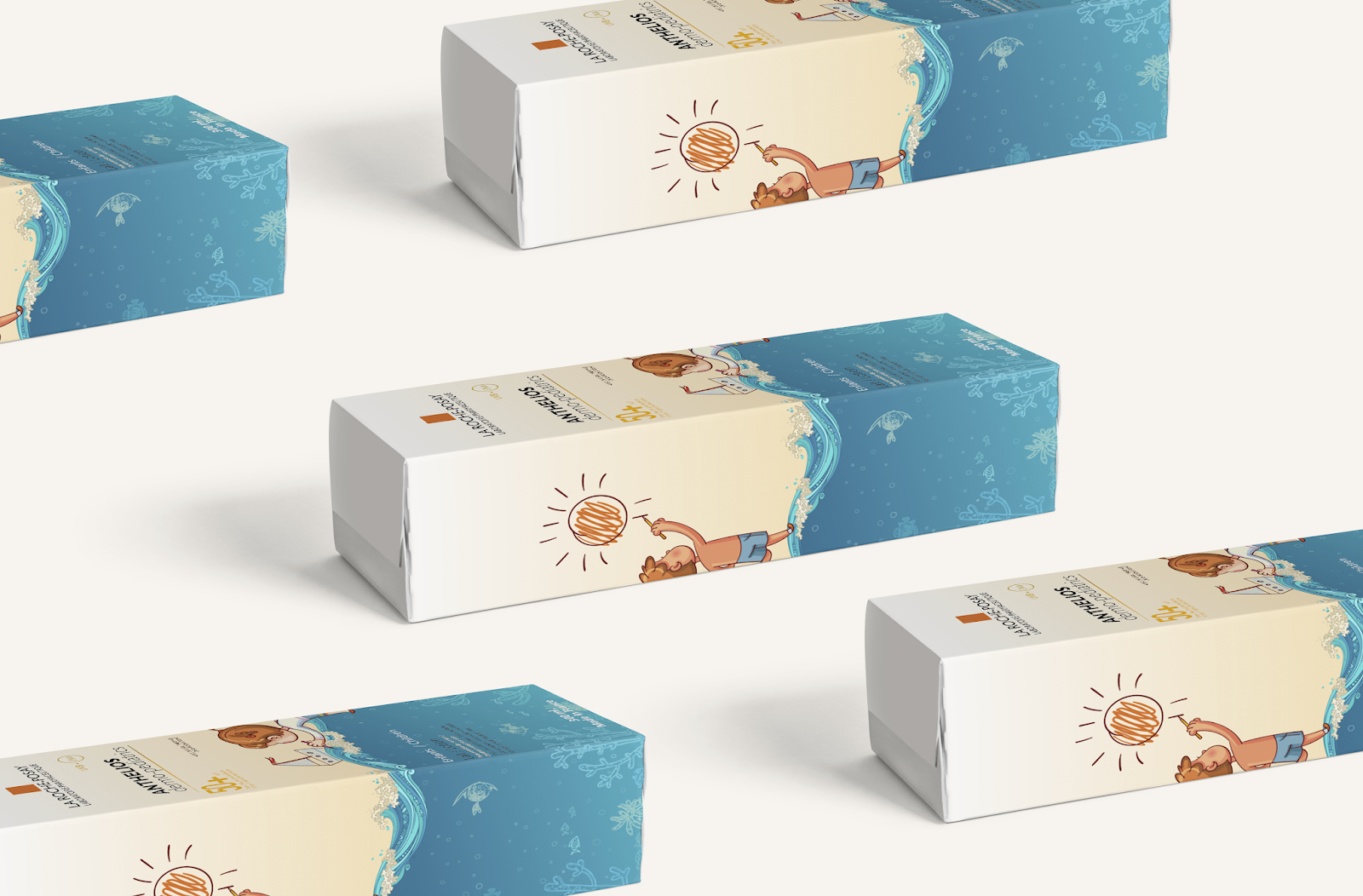 La Roche-Posay兒童防曬霜包裝設(shè)計(jì)，男孩女孩海灘嘻戲的插畫感覺