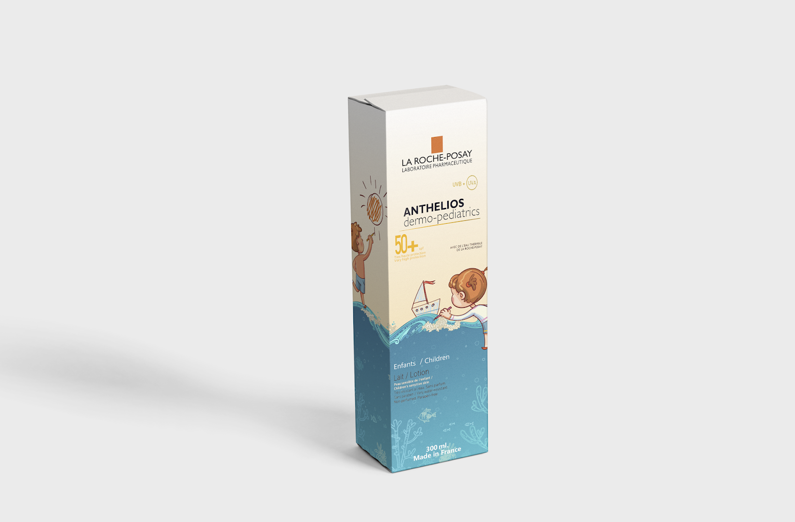 La Roche-Posay兒童防曬霜包裝設(shè)計(jì)，男孩女孩海灘嘻戲的插畫感覺