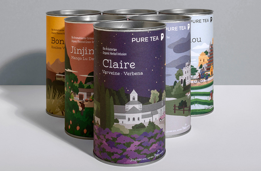 pure tea 純茶有機茶葉包裝設(shè)計，13個茶葉原產(chǎn)地風(fēng)景插圖設(shè)計