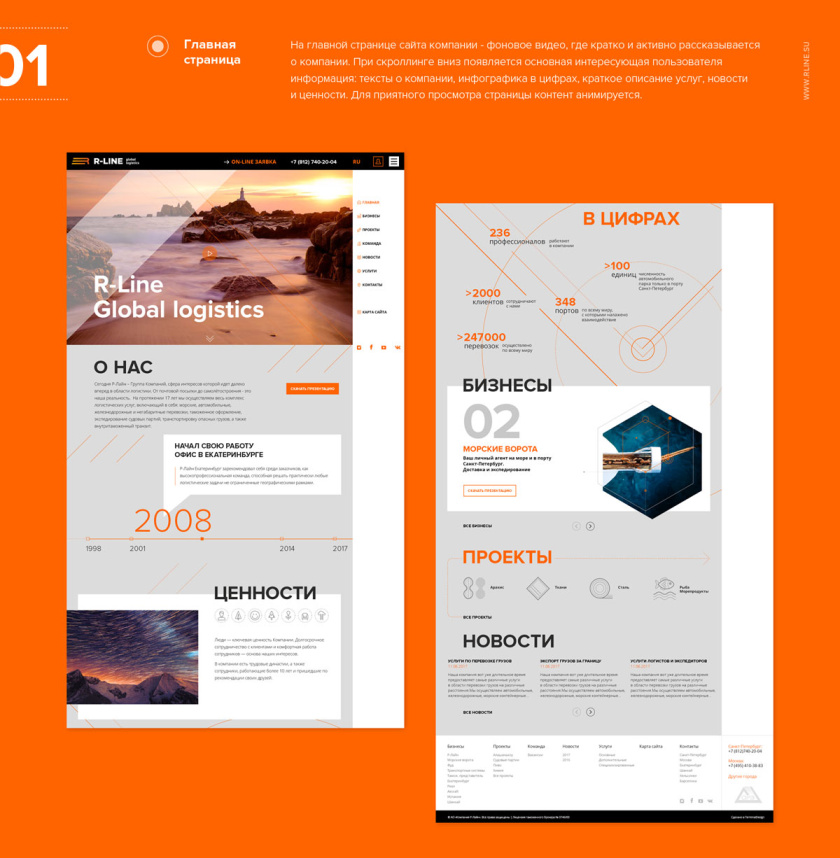 R-Line集團(tuán)運輸物流公司新響應(yīng)式網(wǎng)站設(shè)計，橙色線條+幾何圖片