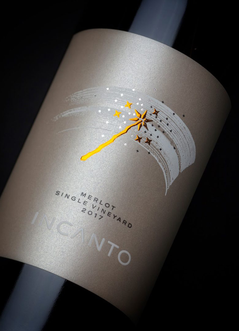 Incanto葡萄酒酒標包裝標簽設計，菜肴凹凸金箔印刷工藝的魔術棒圖案