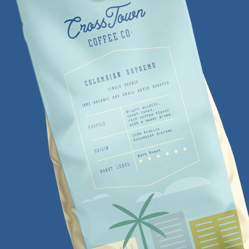 整齊有序布局的包裝-2020年包裝設(shè)計趨勢示例：Cross Town Coffee Co.具有結(jié)構(gòu)化布局的包裝
