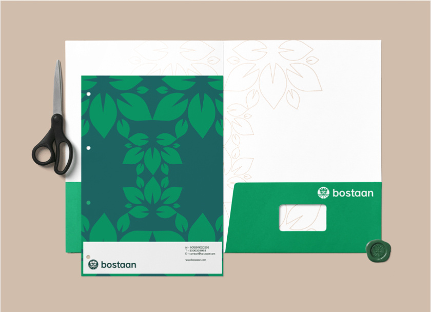 Bostaan 景觀公司logo設(shè)計(jì)與vi設(shè)計(jì)，矢量化幾何風(fēng)格綠葉與根須