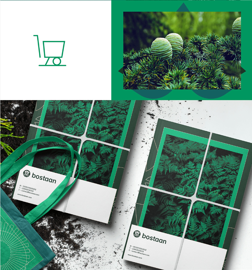 Bostaan 景觀公司logo設(shè)計(jì)與vi設(shè)計(jì)，矢量化幾何風(fēng)格綠葉與根須