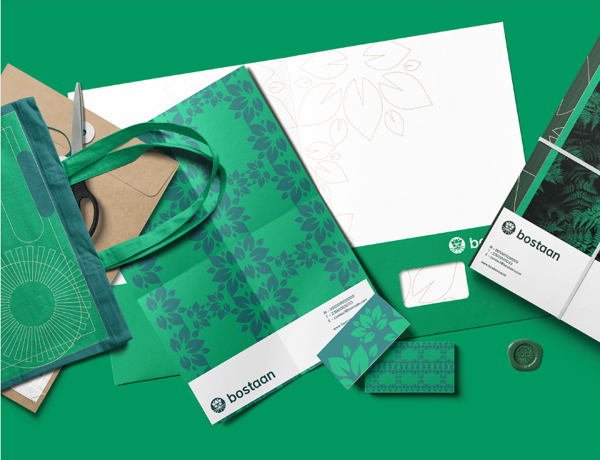 Bostaan 景觀公司logo設(shè)計(jì)與vi設(shè)計(jì)，矢量化幾何風(fēng)格綠葉與根須