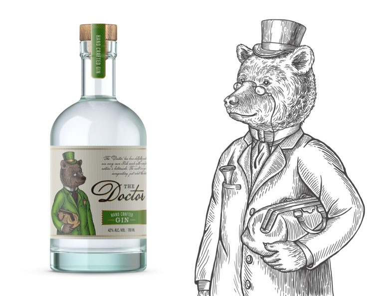 小熊杜松子酒包裝標簽設(shè)計，每種酒都有不同的小熊插畫