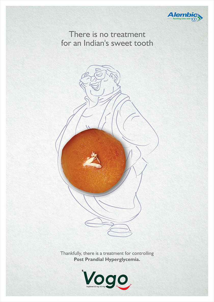 印度高血糖醫(yī)藥廣告平面設(shè)計(jì)，不失趣味指出愛吃糖老年患者的身體狀況