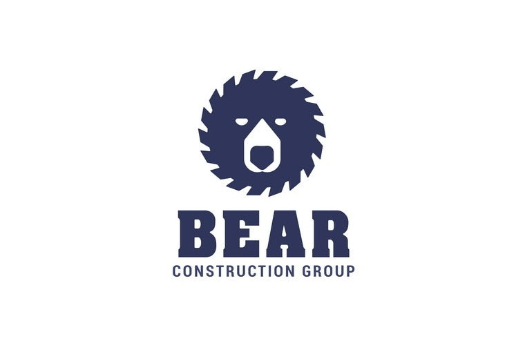 面對(duì)公司的建筑標(biāo)志設(shè)計(jì)-深藍(lán)色圓鋸片，帶有熊臉的負(fù)空間圖像