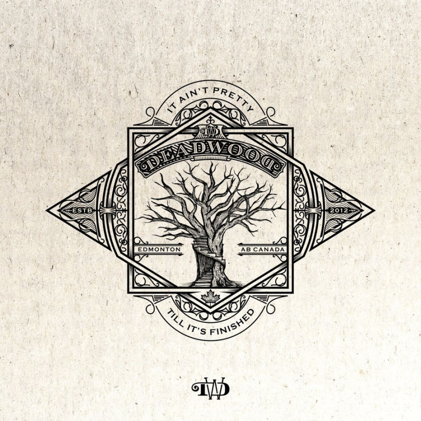 好與老式的品質(zhì)建筑標(biāo)志設(shè)計(jì)-復(fù)雜的標(biāo)志顯示一個(gè)雕刻成一棵樹的樓梯與文本“枯木”