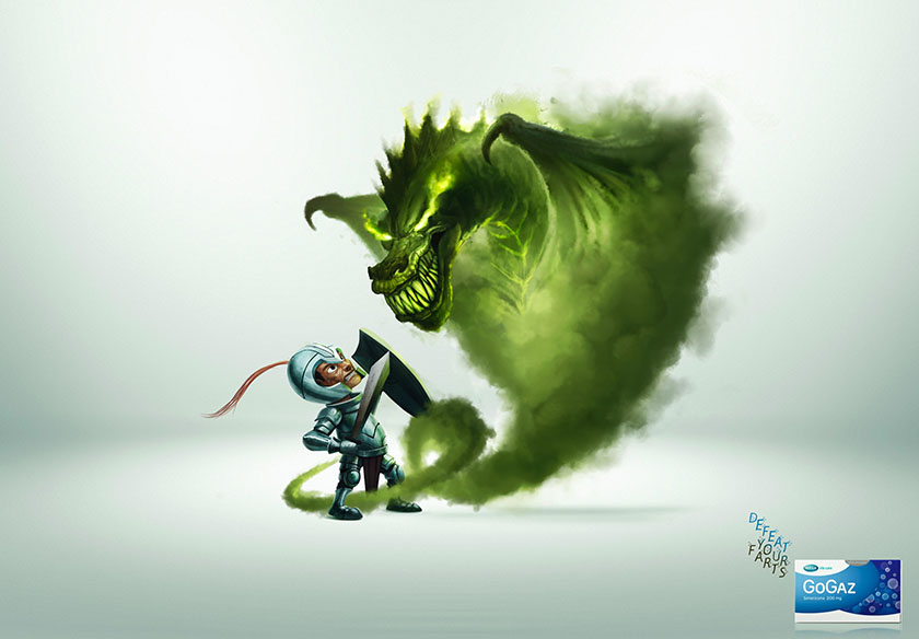 胃藥廣告：Gogaz緩解腸胃脹氣醫(yī)藥平面廣告設(shè)計(jì)，打敗脹氣惡魔