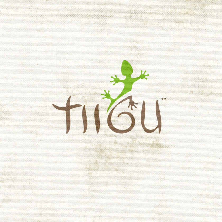 極簡(jiǎn)主義的字標(biāo)標(biāo)志，上面寫(xiě)著“TIIGU”，蜥蜴爬上G