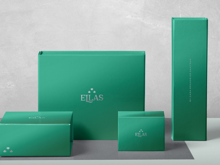 ELLAS珠寶品牌logo設計與品牌vi形象設計，三個花朵徽章